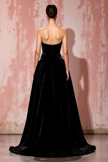 Simple Black Strapless A Line Velvet Evening Dress